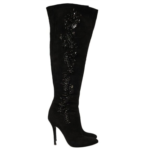 Giuseppe Zanotti Womens Over The Knee Crystallized Boots US 7 EU 37 Black Suede - Picture 1 of 16
